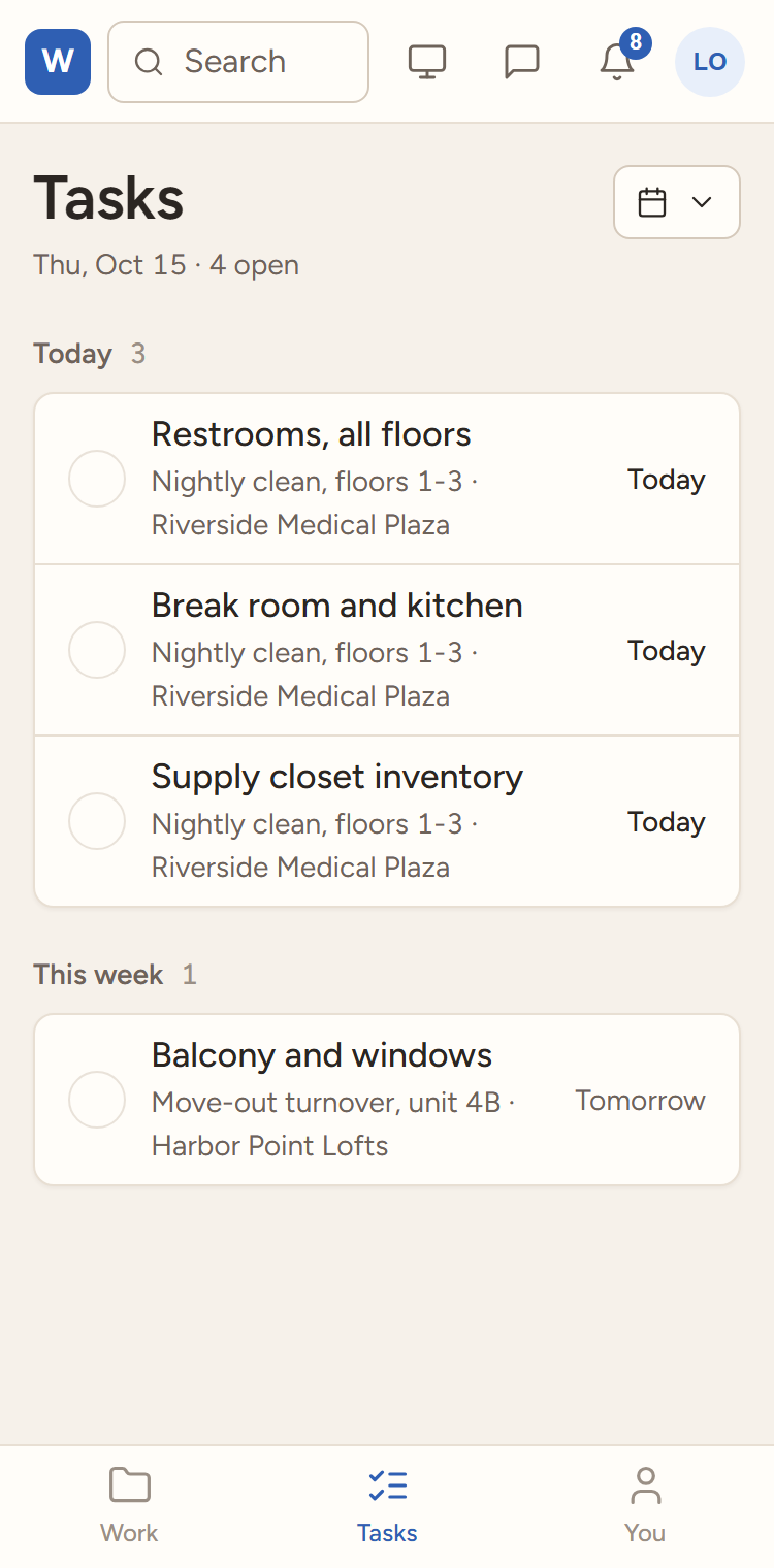 Workpane on a phone: My Tasks, the day's tasks with a big check on each.